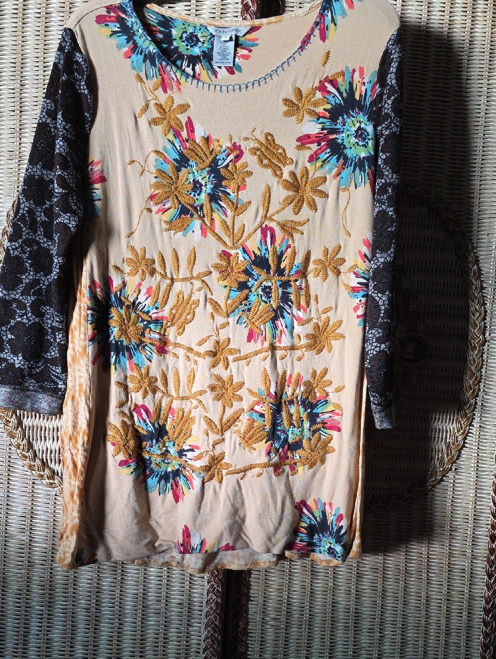 John Mark Beige Floral Embroidered Tunic with Multicolor Accents M